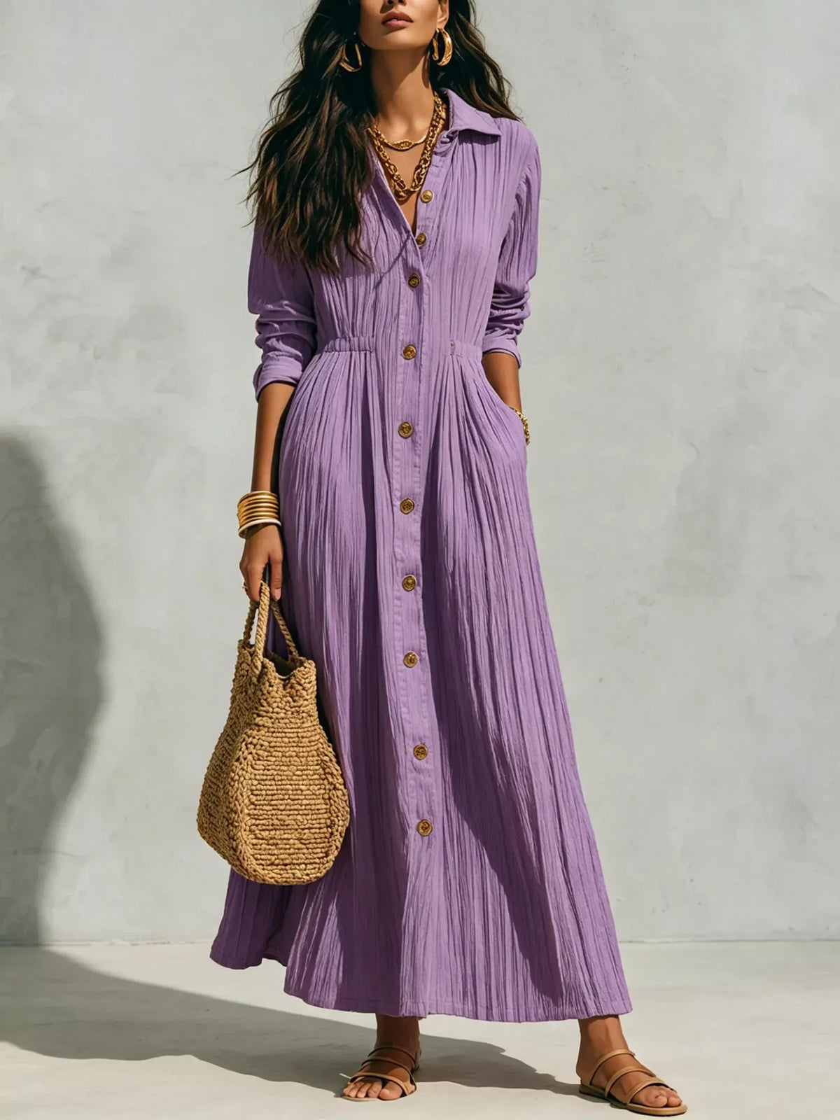 Textured Button Down Long Sleeve Maxi Dress The Nichole Collection - Official Site