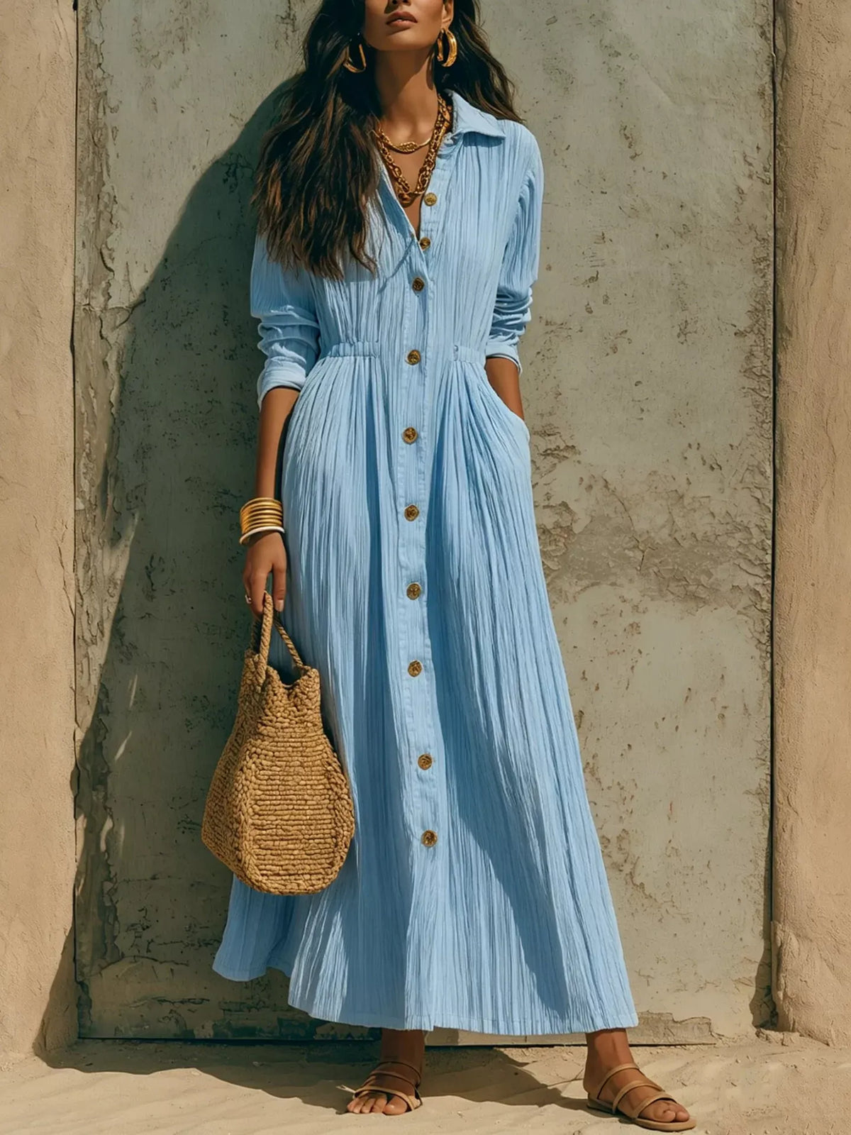 Textured Button Down Long Sleeve Maxi Dress The Nichole Collection - Official Site