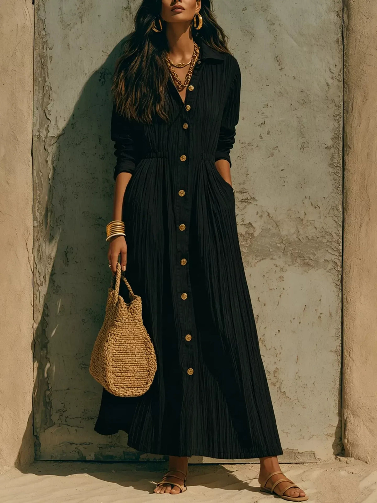 Textured Button Down Long Sleeve Maxi Dress The Nichole Collection - Official Site