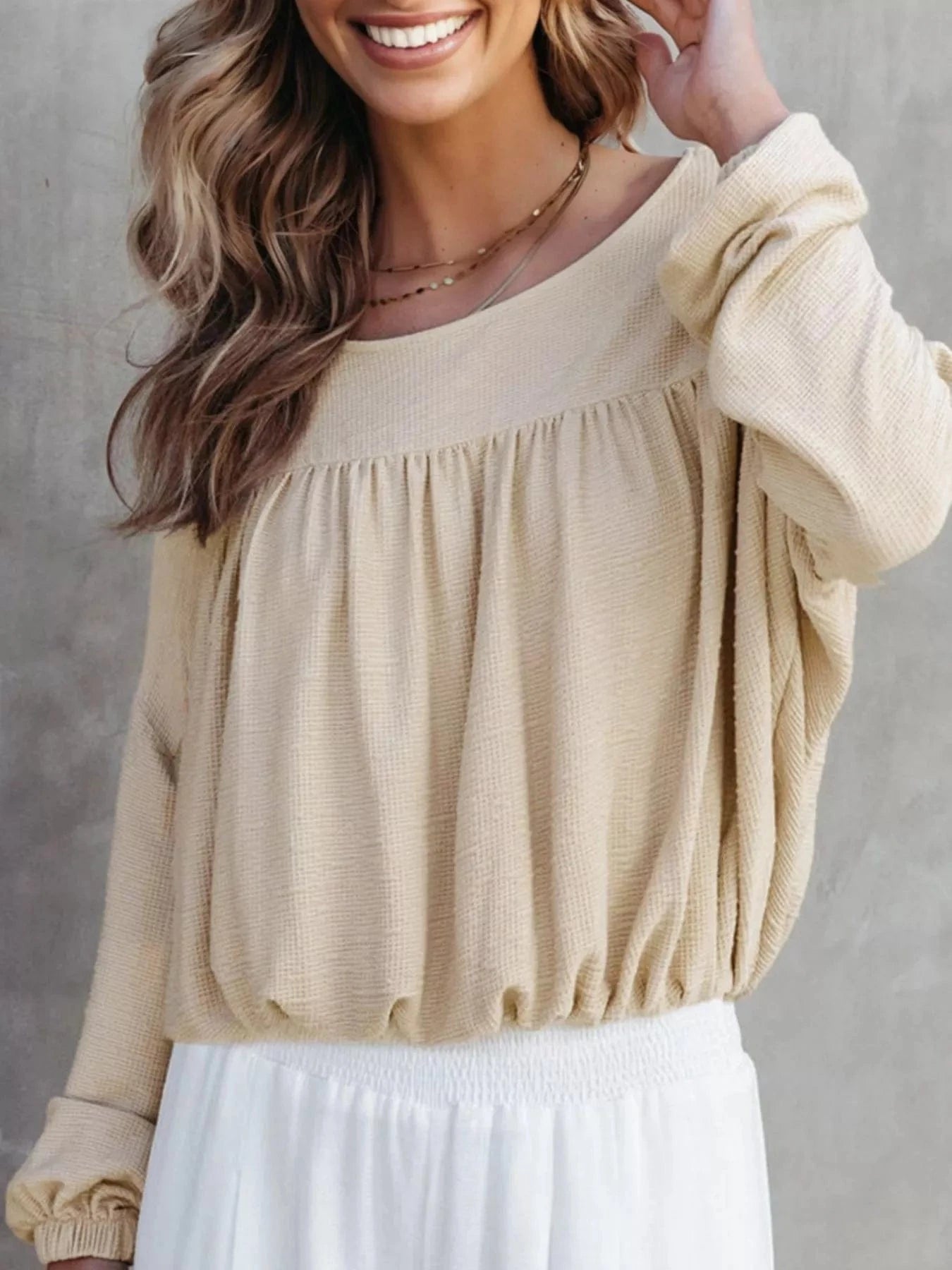 Textured Drop Shoulder Long Sleeve Top Trendsi