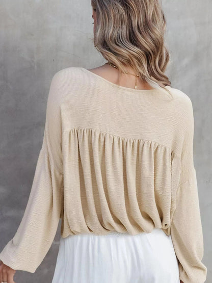 Textured Drop Shoulder Long Sleeve Top Trendsi