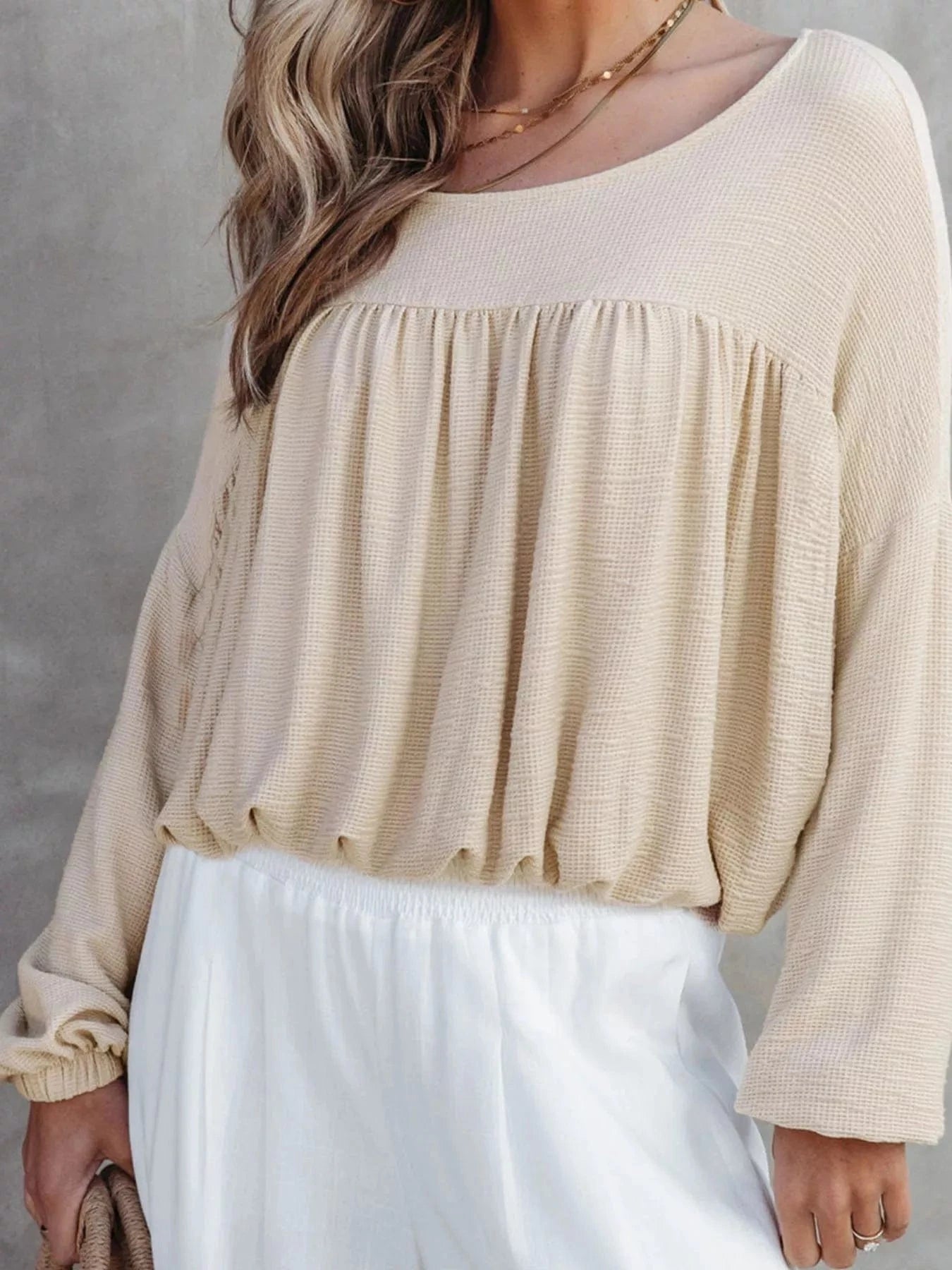 Textured Drop Shoulder Long Sleeve Top Trendsi
