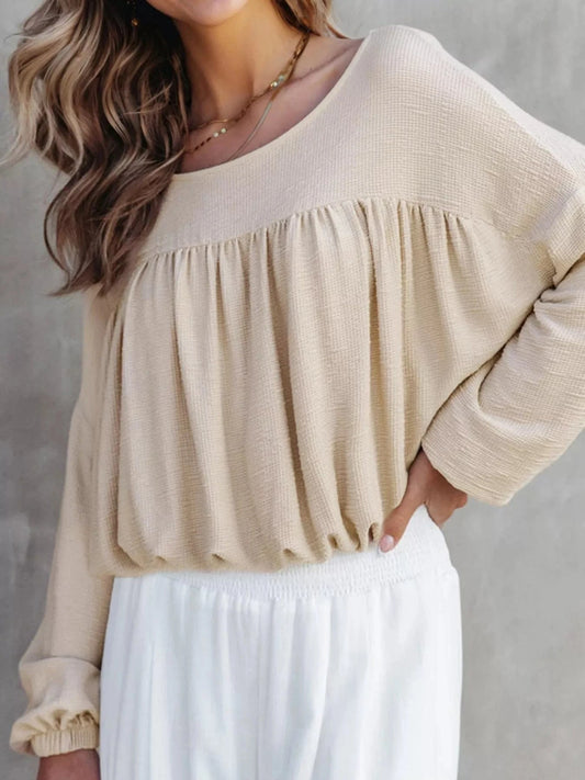 Textured Drop Shoulder Long Sleeve Top Beige / S Trendsi