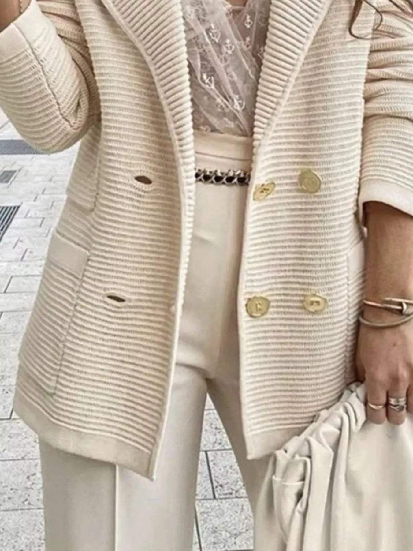 Textured Knit Double-Breasted Blazer - Apricot / S