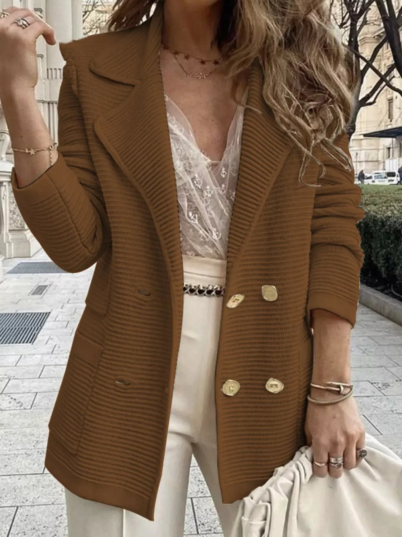 Textured Knit Double-Breasted Blazer - Coffee / S
