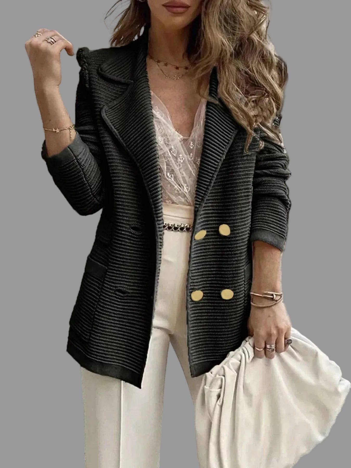 Textured Knit Double-Breasted Blazer - Black / S