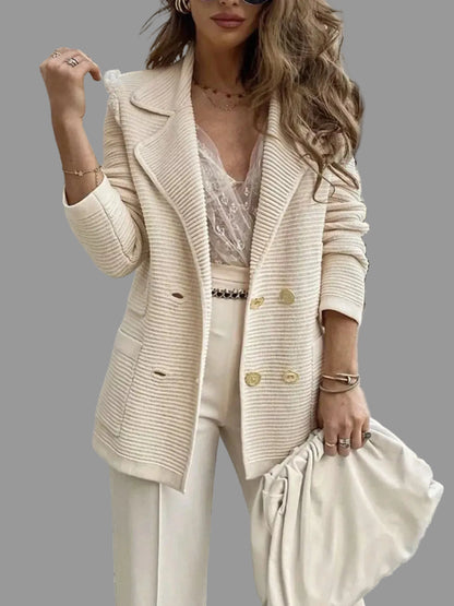 Textured Knit Double-Breasted Blazer - Apricot / S