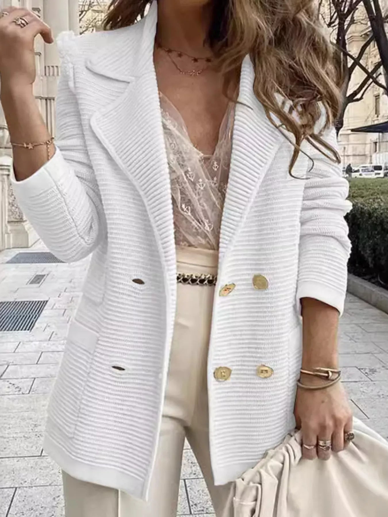 Textured Knit Double-Breasted Blazer - White / S