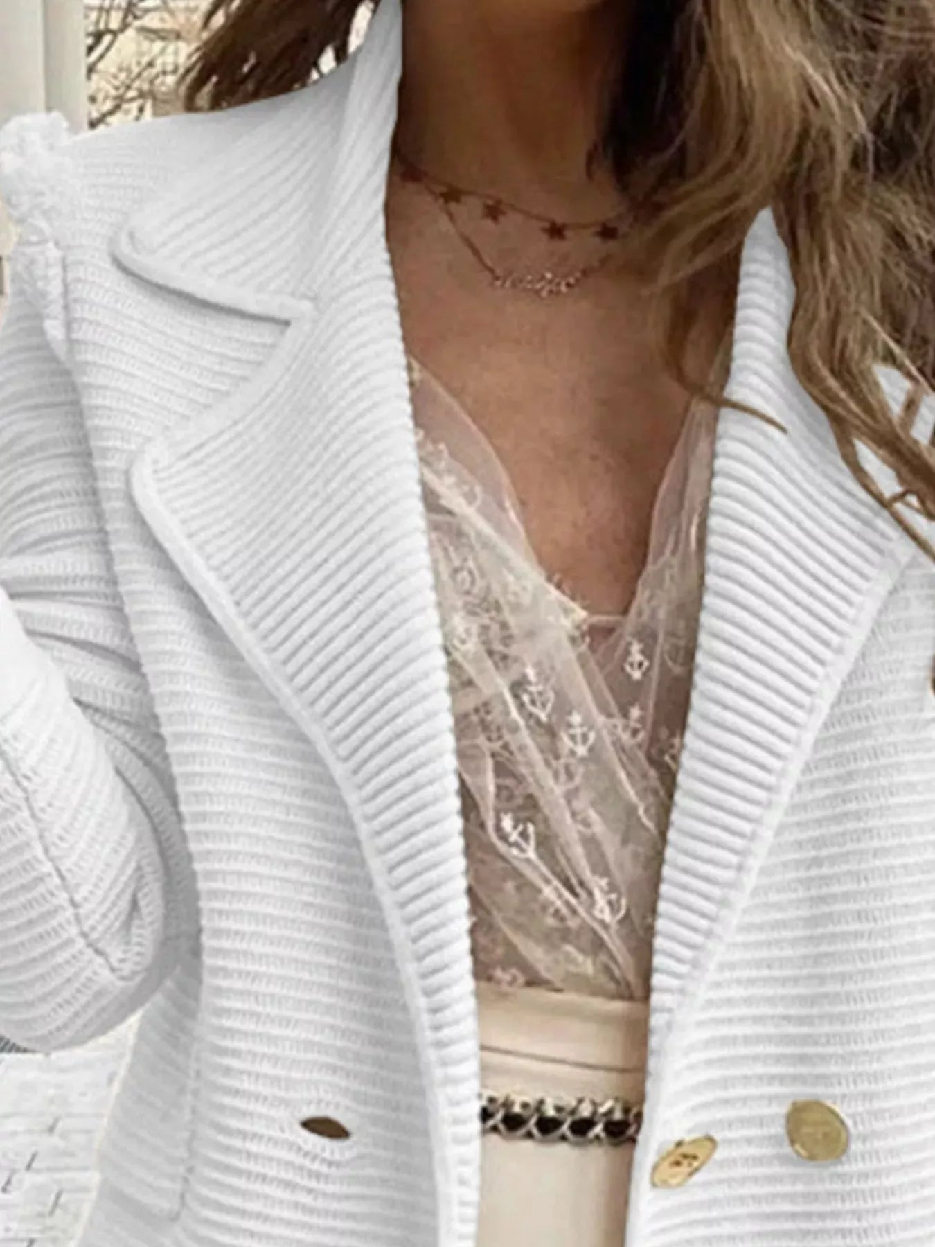 Textured Knit Double-Breasted Blazer - Apricot / S