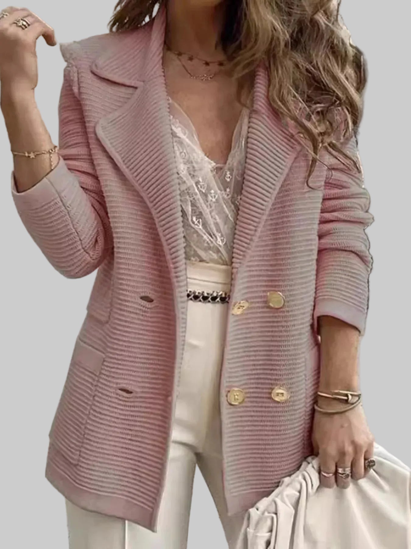 Textured Knit Double-Breasted Blazer - Pink / S