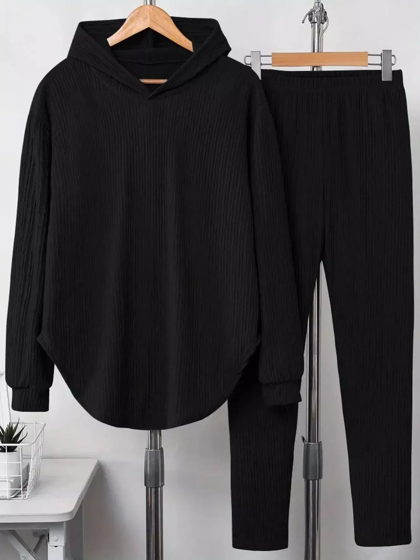 Textured Long Sleeve Hoodie and Pants Set Women's Sets Black / S The Nichole Collection