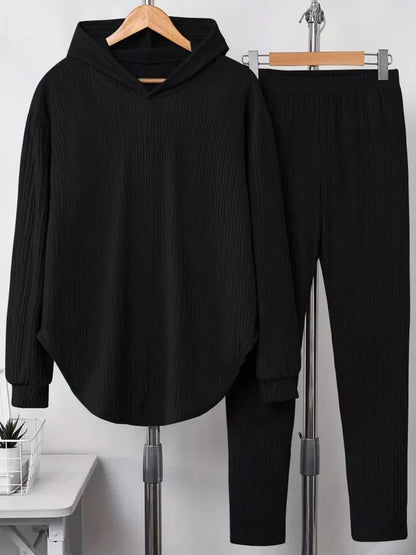 Textured Long Sleeve Hoodie and Pants Set Women's Sets Black / S The Nichole Collection