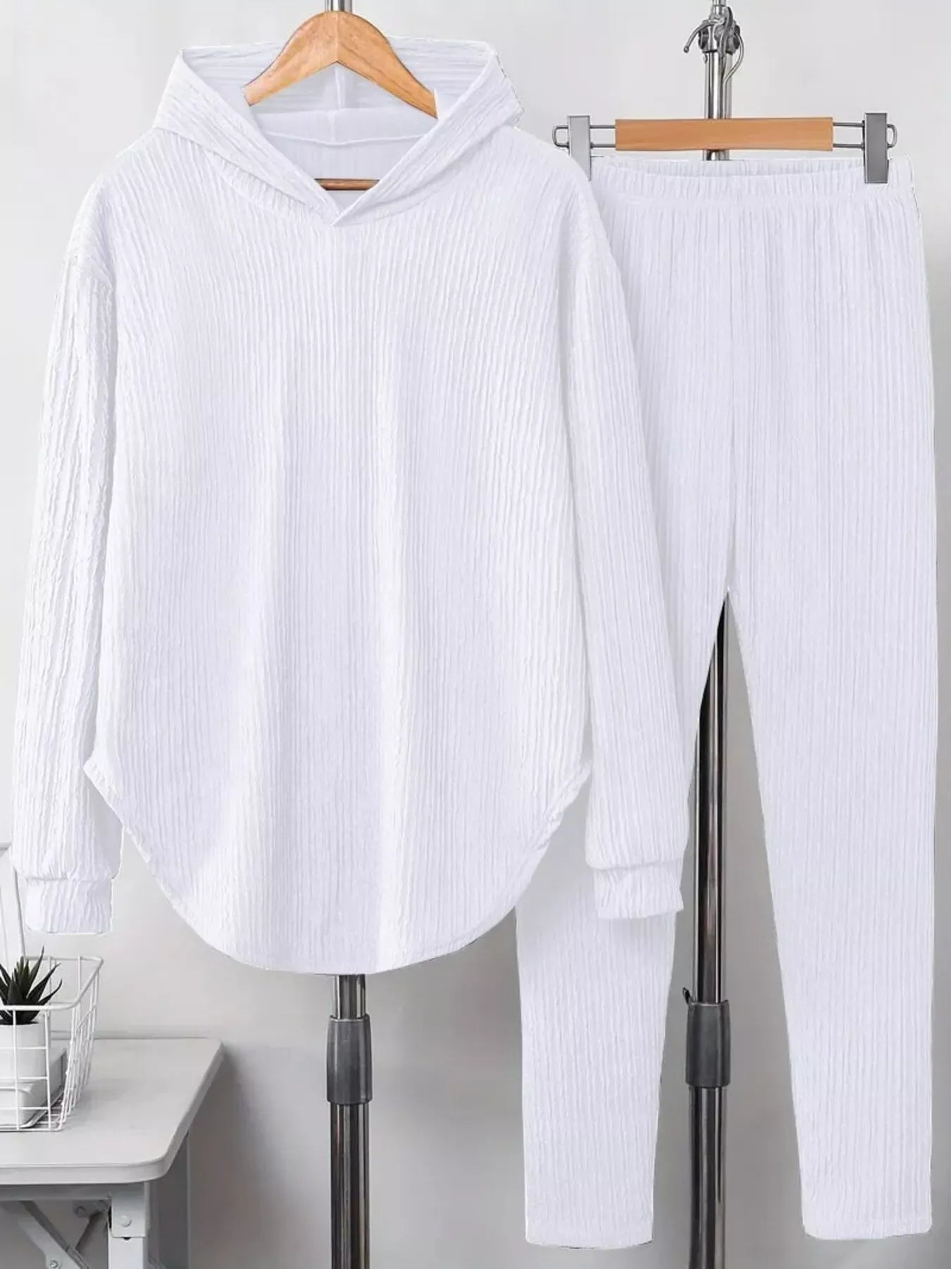 Textured Long Sleeve Hoodie and Pants Set Women's Sets White / S The Nichole Collection