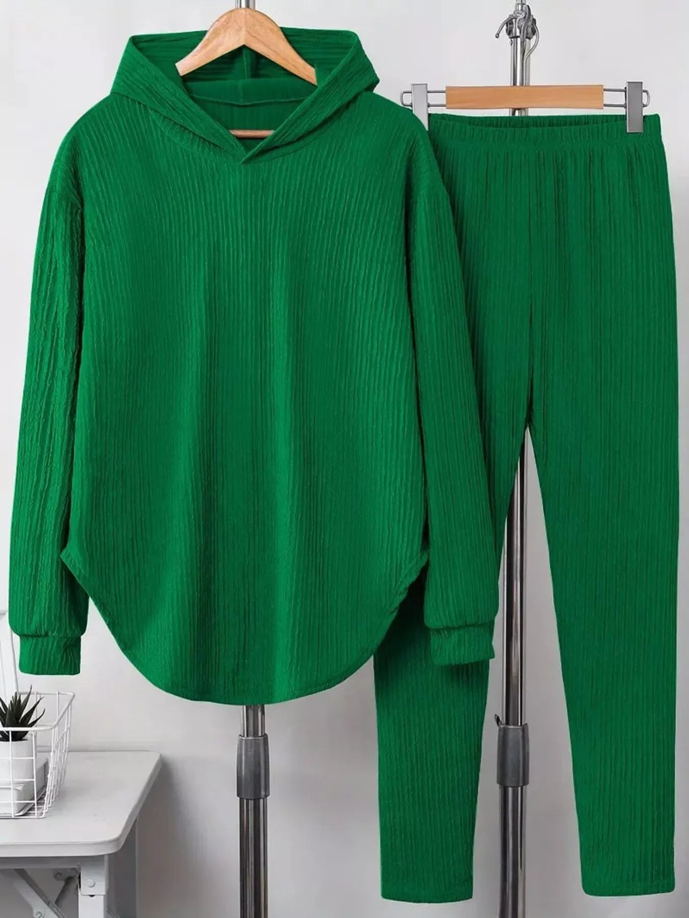 Textured Long Sleeve Hoodie and Pants Set Women's Sets Green / S The Nichole Collection