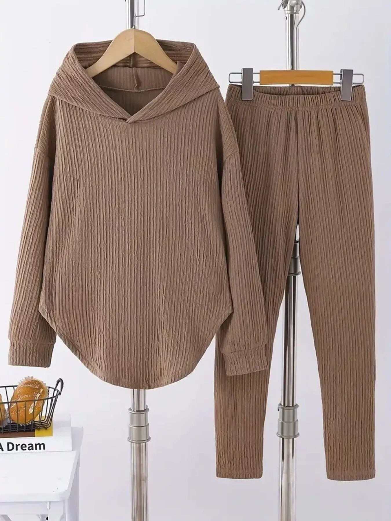Textured Long Sleeve Hoodie and Pants Set Women's Sets Khaki / S The Nichole Collection