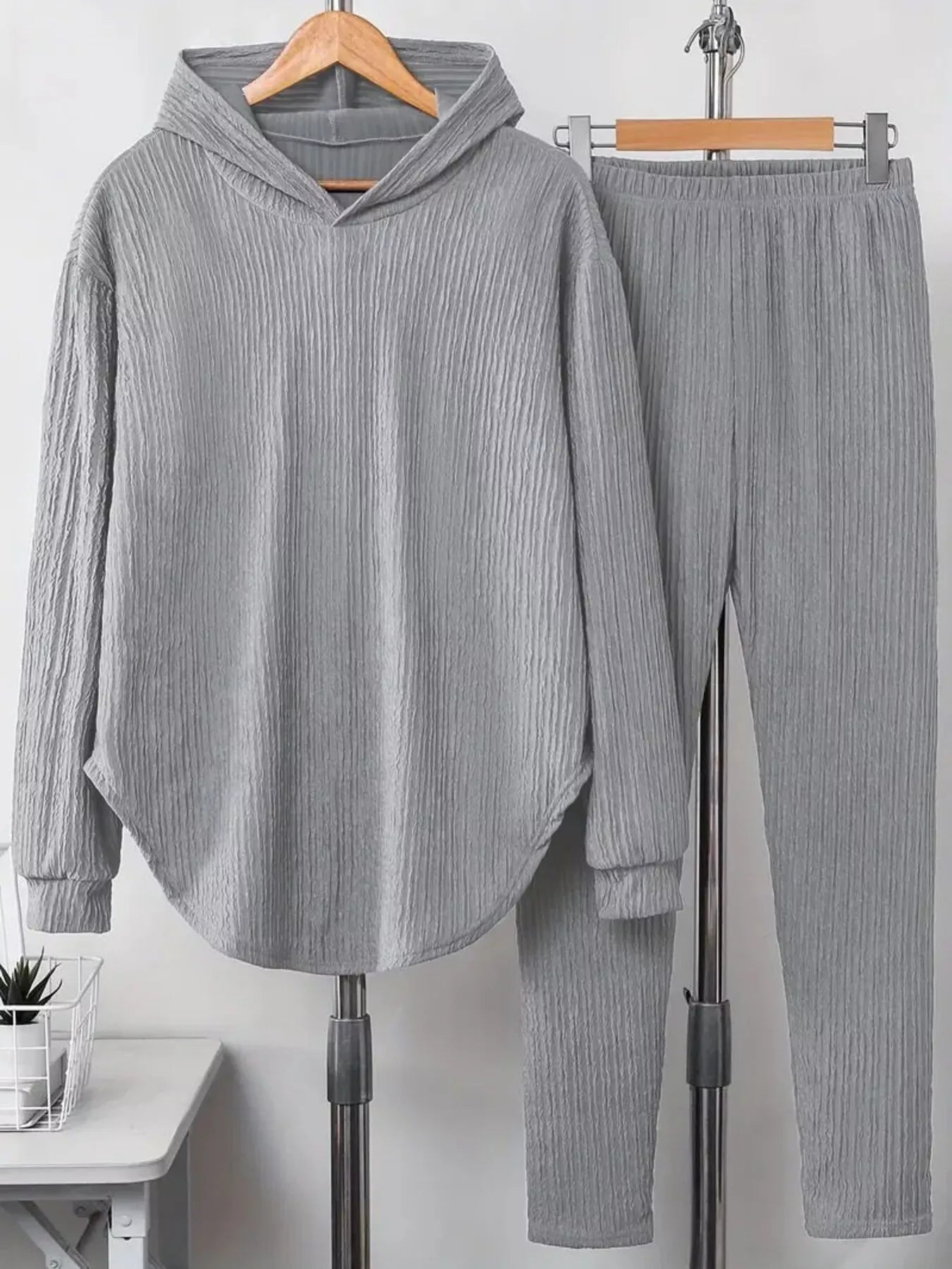 Textured Long Sleeve Hoodie and Pants Set Women's Sets Light Gray / S The Nichole Collection
