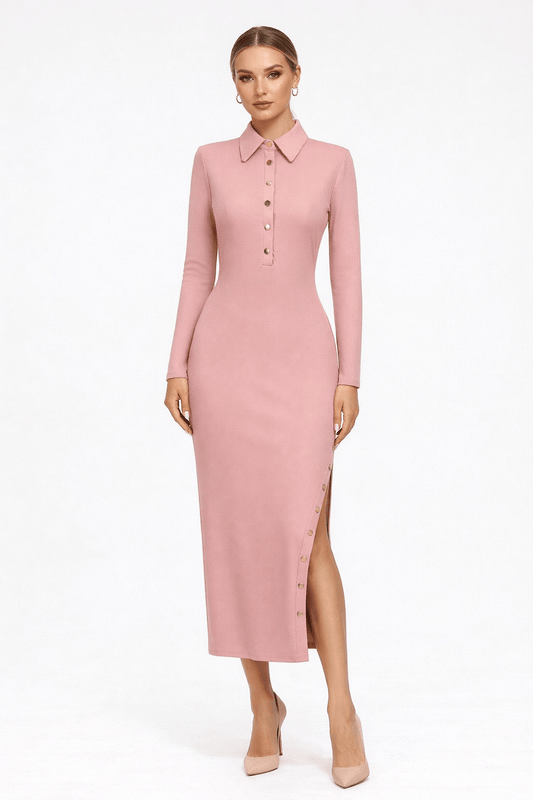 Textured Polo Neck Slim Fit Midi Dress with Side Slit Blush / M The Nichole Collection