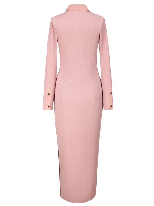 Textured Polo Neck Slim Fit Midi Dress with Side Slit The Nichole Collection