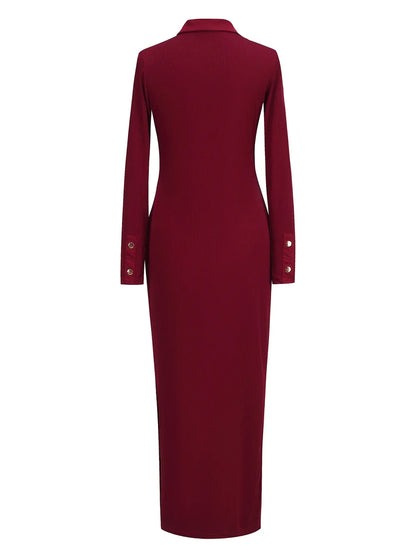 Textured Polo Neck Slim Fit Midi Dress with Side Slit The Nichole Collection