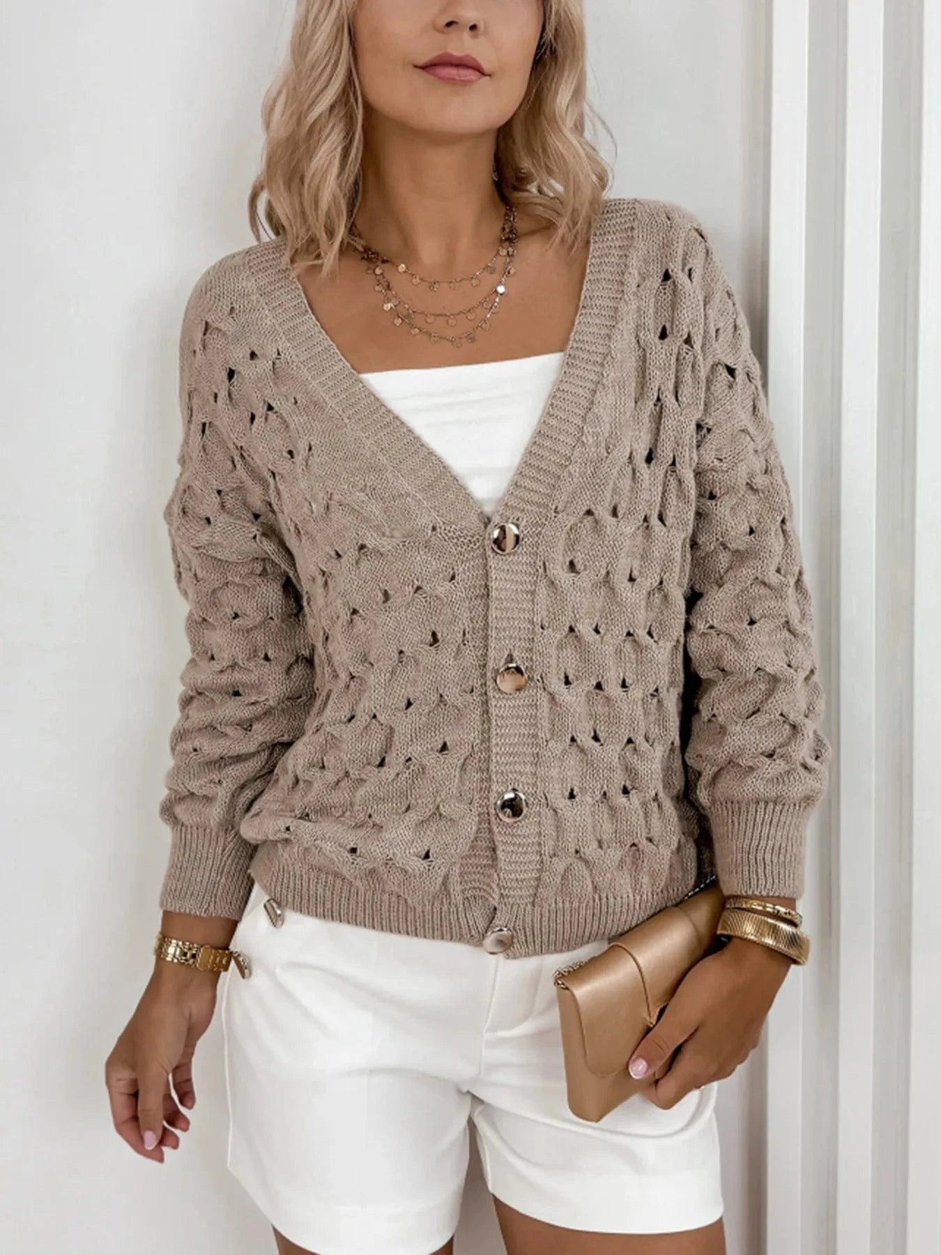 Textured V-Neck Long Sleeve Cardigan The Nichole Collection