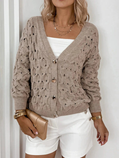 Textured V-Neck Long Sleeve Cardigan Khaki / S The Nichole Collection