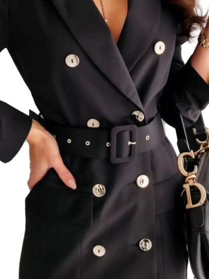 The Belted Double-Breasted Blazer Dress - Khaki / S