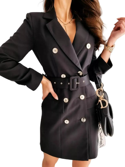 The Belted Double-Breasted Blazer Dress - Black / S