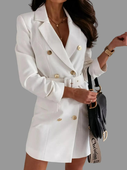 The Belted Double-Breasted Blazer Dress - White / S