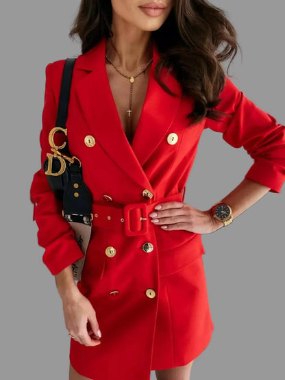 The Belted Double-Breasted Blazer Dress - Red / S