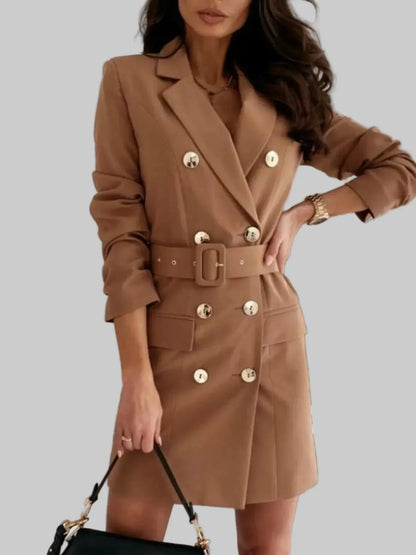 The Belted Double-Breasted Blazer Dress - Khaki / S