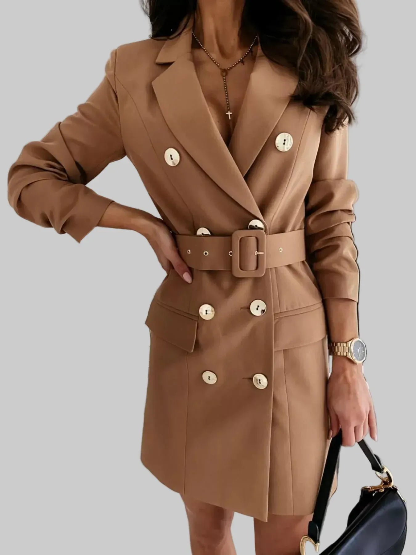 The Belted Double-Breasted Blazer Dress - Khaki / S