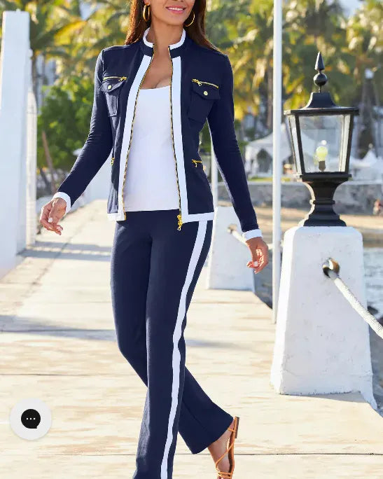 The Couture Zippered Sport Coordinate Set Women's Sets Navy Blue / S The Nichole Collection
