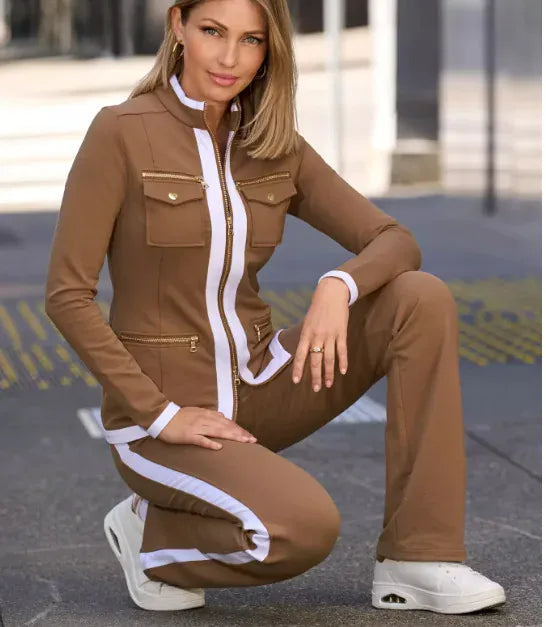 The Couture Zippered Sport Coordinate Set Women's Sets Camel / S The Nichole Collection