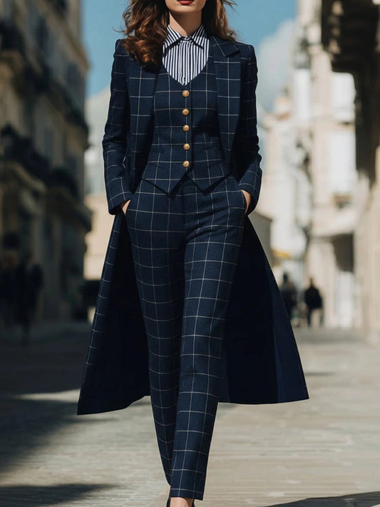 The Executive Plaid 3-Piece Suit Set – Navy & Gold Suits The Nichole Collection