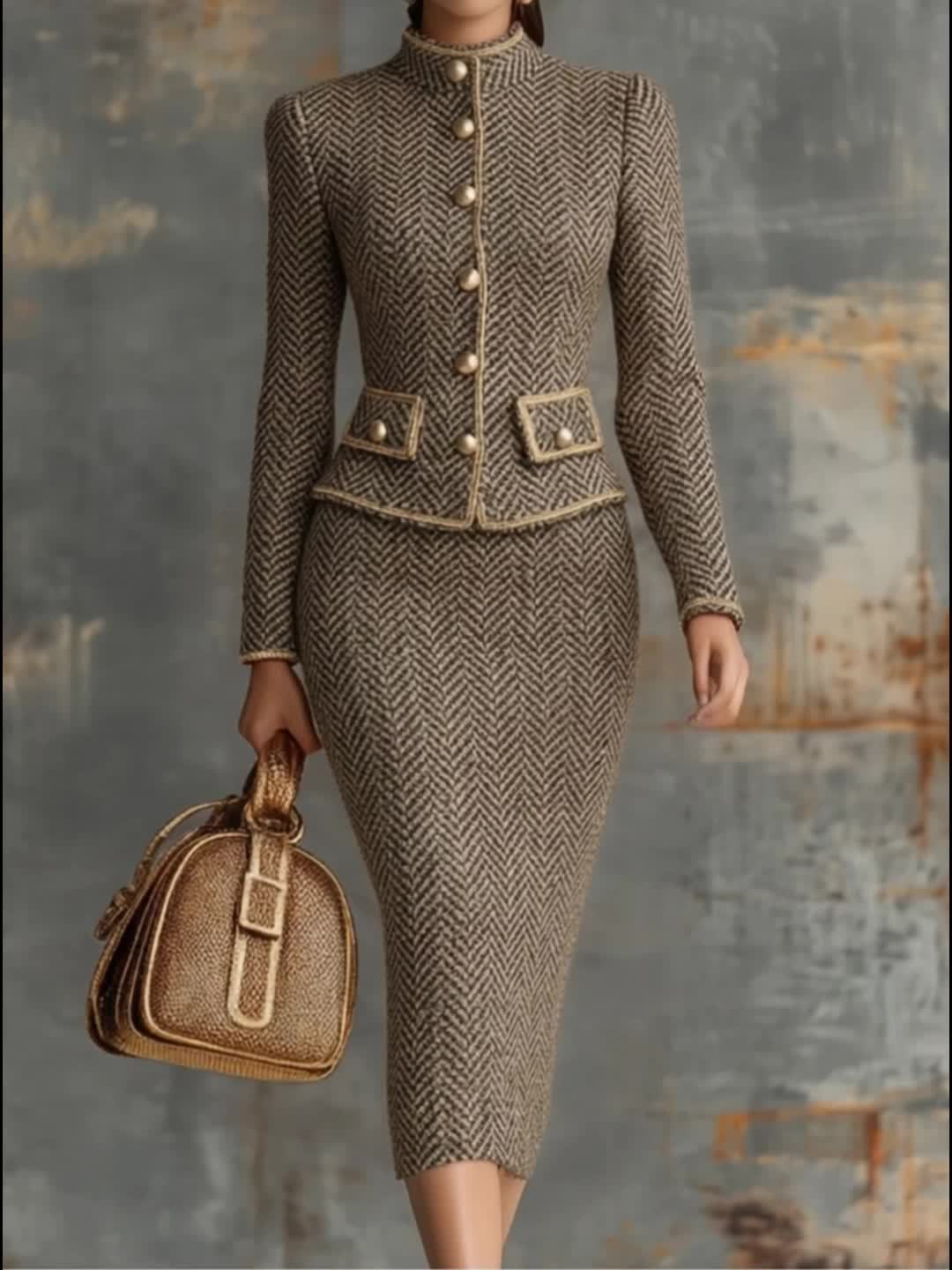 The Herringbone Elegance 2-Piece Suit Set – Tweed Jacket & Pencil Skirt Suits The Nichole Collection