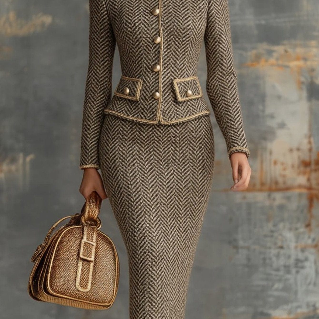 The Herringbone Elegance 2-Piece Suit Set – Tweed Jacket & Pencil Skirt Suits Brown / S The Nichole Collection