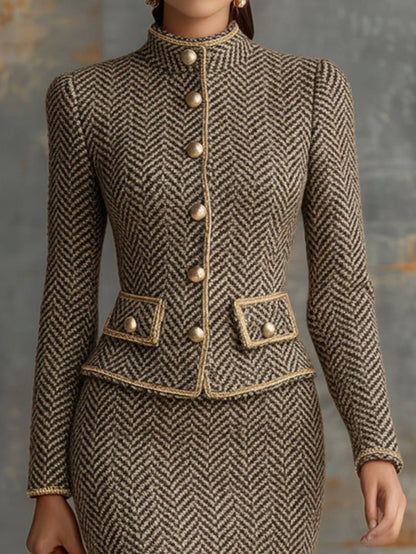 The Herringbone Elegance 2-Piece Suit Set – Tweed Jacket & Pencil Skirt Suits The Nichole Collection