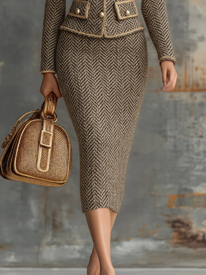 The Herringbone Elegance 2-Piece Suit Set – Tweed Jacket & Pencil Skirt Suits The Nichole Collection