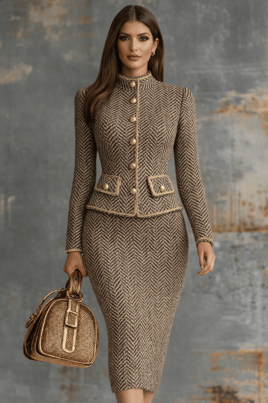 The Herringbone Elegance 2-Piece Suit Set - Brown / S