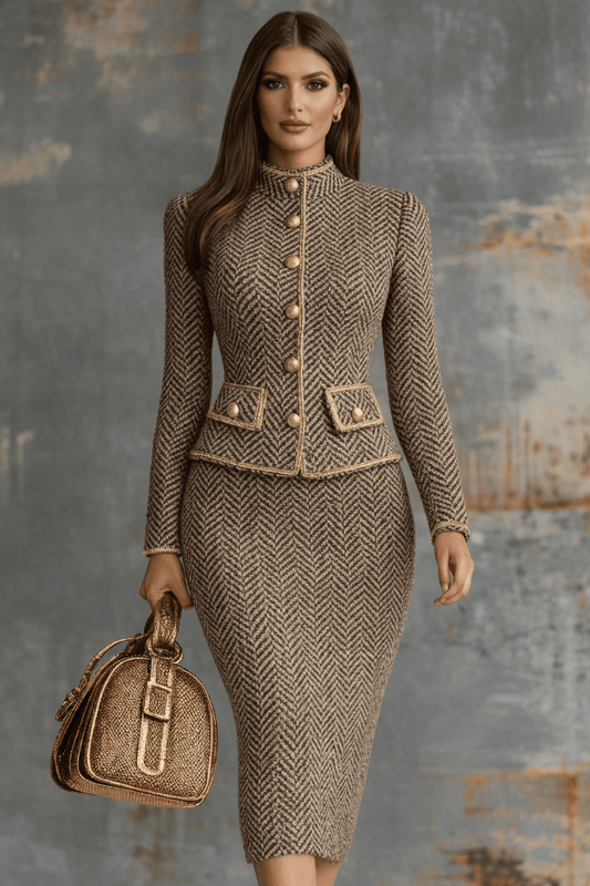 The Herringbone Elegance 2-Piece Suit Set – Tweed Jacket & Pencil Skirt Suits Brown / S The Nichole Collection