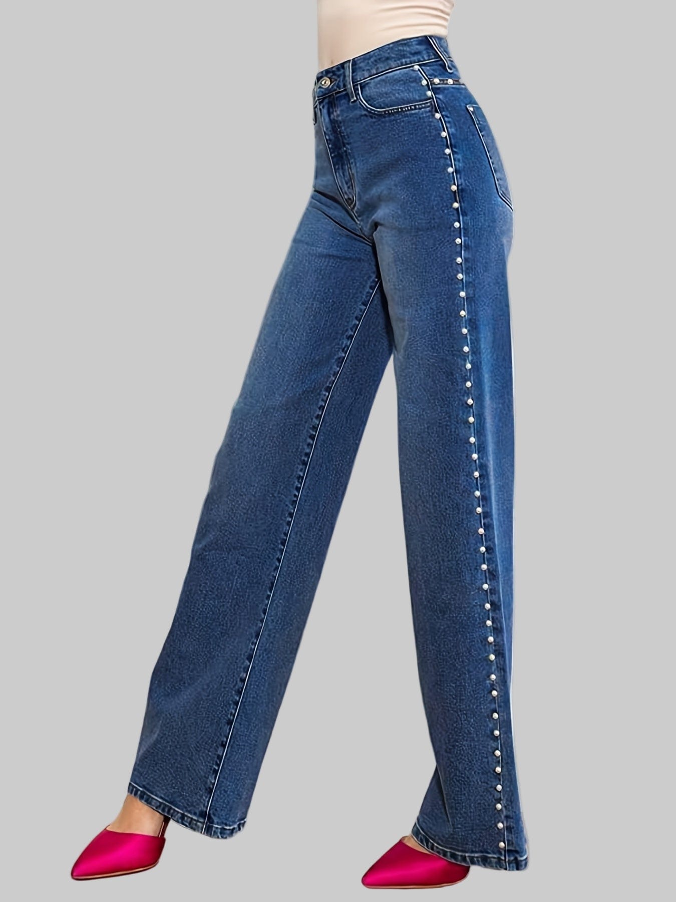The Pearl-Trim High-Waist Straight-Leg Jean Jeans The Nichole Collection