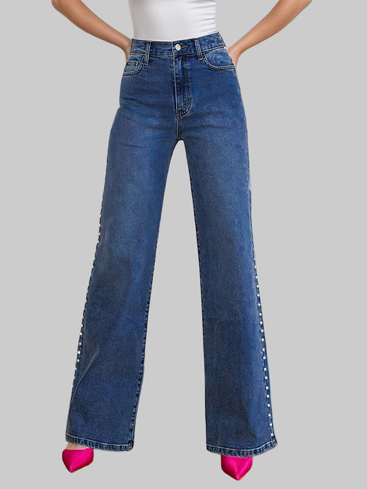 The Pearl-Trim High-Waist Straight-Leg Jean Jeans The Nichole Collection