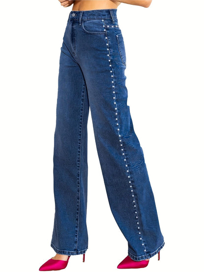 The Pearl-Trim High-Waist Straight-Leg Jean Jeans The Nichole Collection
