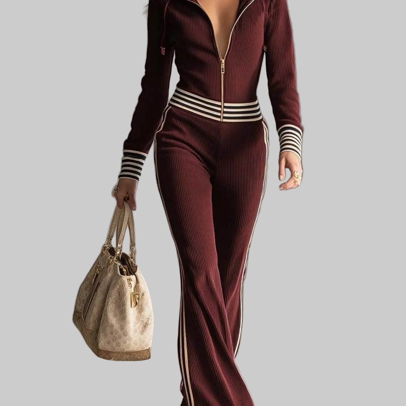 The Ribbed Hooded Zip Jumpsuit — V-Neck Knitted One-Piece Crimson / S The Nichole Collection