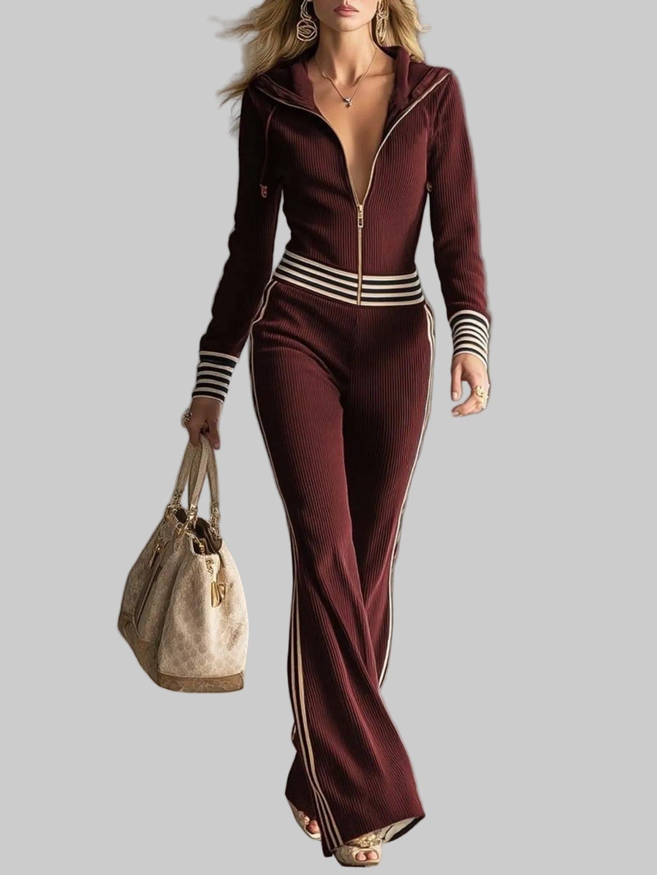 The Ribbed Hooded Zip Jumpsuit — V-Neck Knitted One-Piece The Nichole Collection