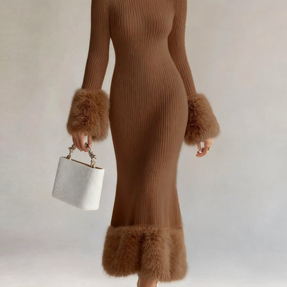 The Snowfall Elegance Faux Fur Knit Dress Dresses Brown / S The Nichole Collection