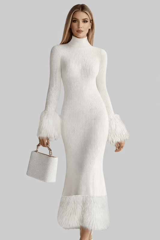 The Snowfall Elegance Faux Fur Knit Dress Dresses White / S The Nichole Collection
