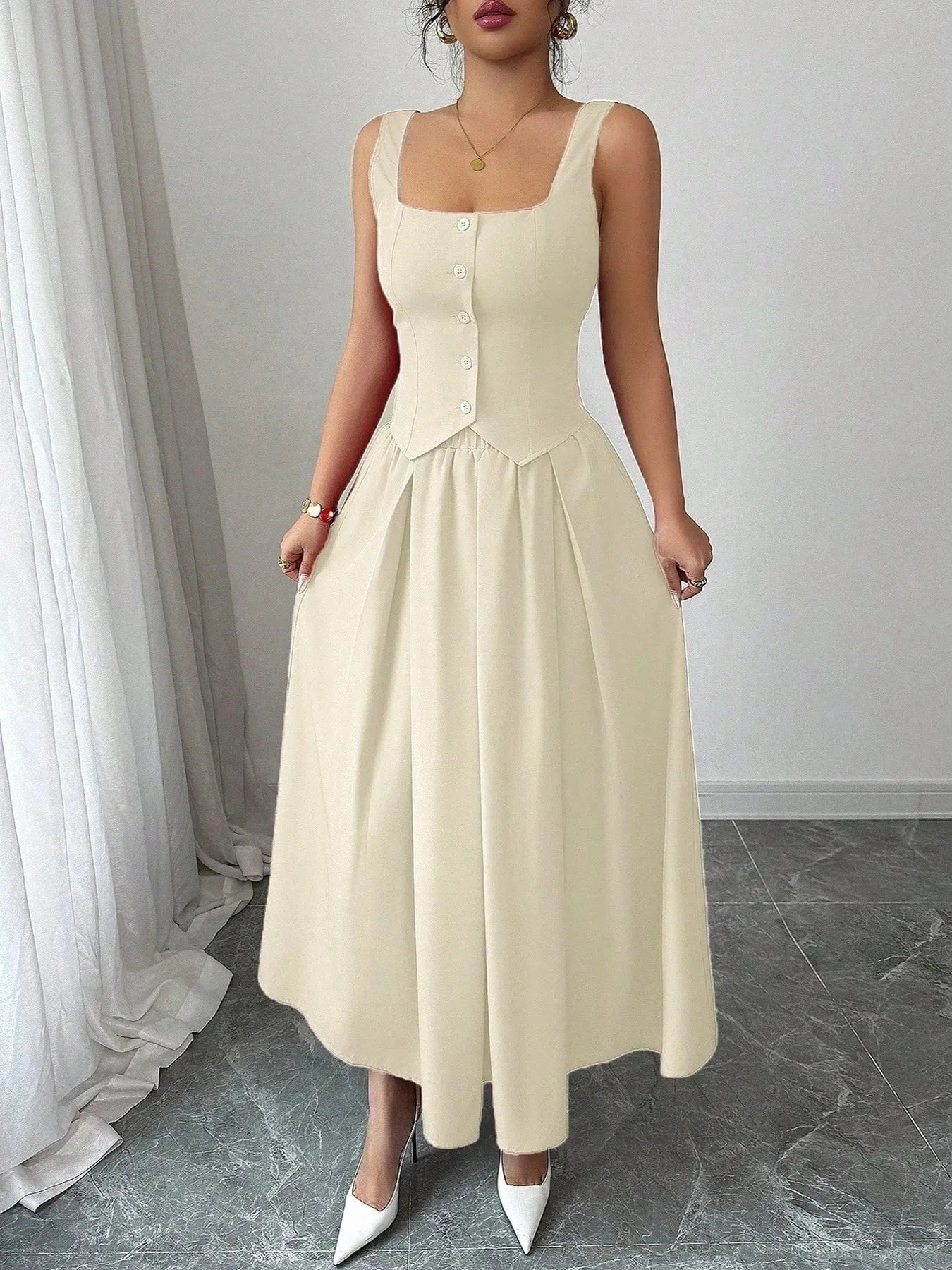 The Square Neck Midi Dress Ivory / S The Nichole Collection