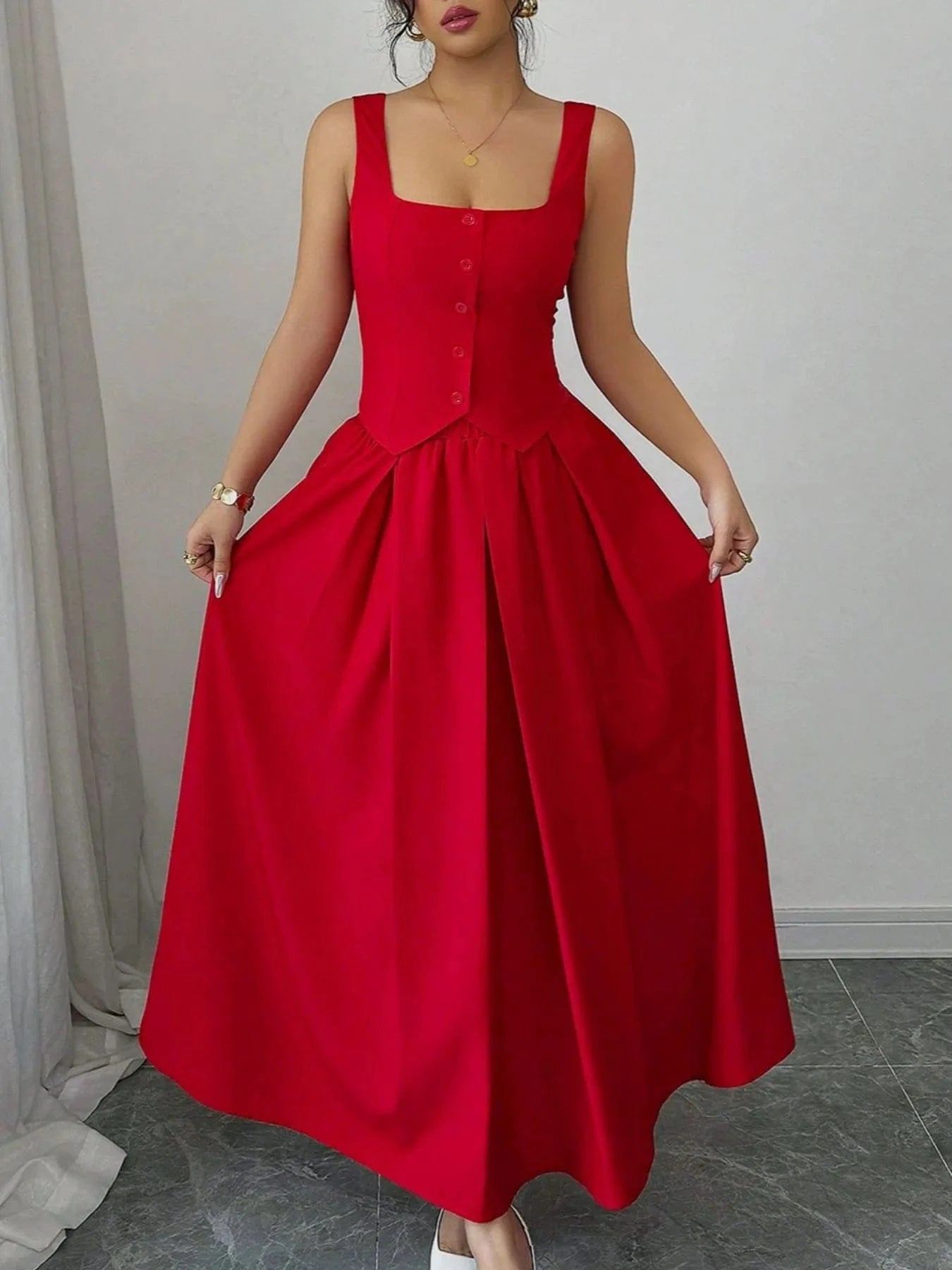 The Square Neck Midi Dress Deep Red / S The Nichole Collection