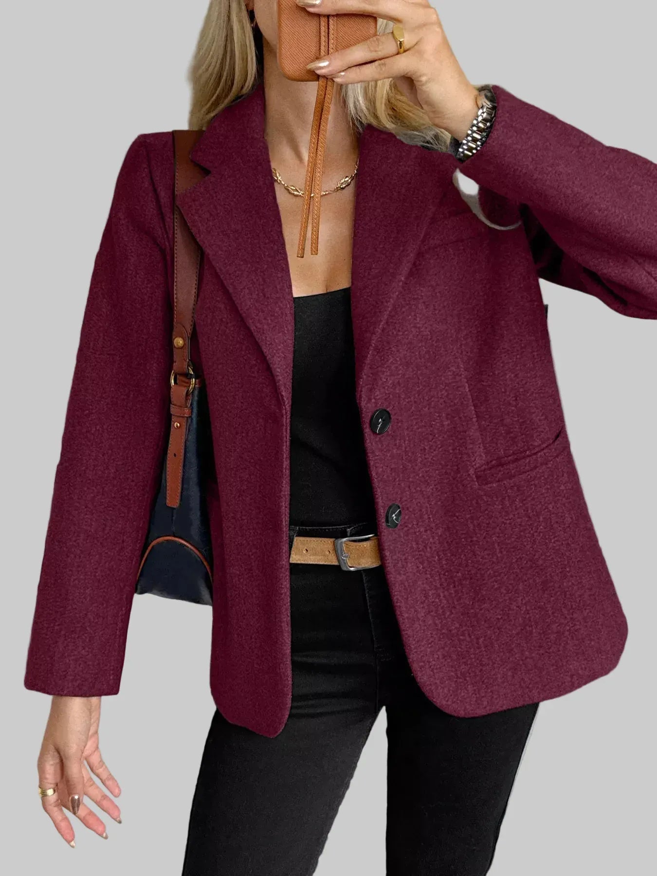 The Tailored Button-Front Lapel Blazer - Burgundy / S